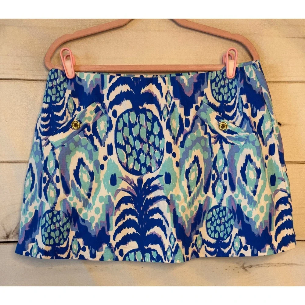 Lilly Pulitzer Pineapple Party Skort Blue Turquoise Ikat Gold Button Womens L